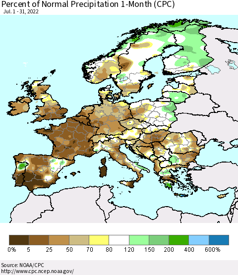 Europe Percent of Normal Precipitation 1-Month (CPC) Thematic Map For 7/1/2022 - 7/31/2022