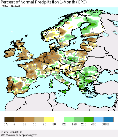 Europe Percent of Normal Precipitation 1-Month (CPC) Thematic Map For 8/1/2022 - 8/31/2022