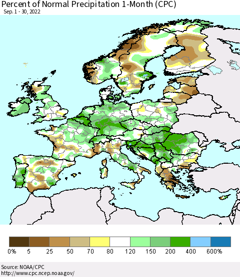 Europe Percent of Normal Precipitation 1-Month (CPC) Thematic Map For 9/1/2022 - 9/30/2022