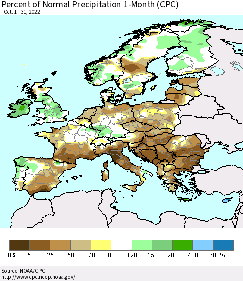 Europe Percent of Normal Precipitation 1-Month (CPC) Thematic Map For 10/1/2022 - 10/31/2022