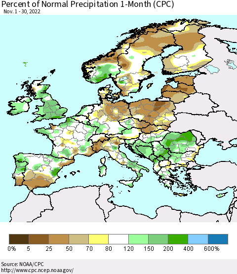 Europe Percent of Normal Precipitation 1-Month (CPC) Thematic Map For 11/1/2022 - 11/30/2022