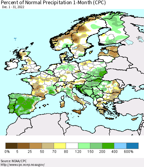 Europe Percent of Normal Precipitation 1-Month (CPC) Thematic Map For 12/1/2022 - 12/31/2022