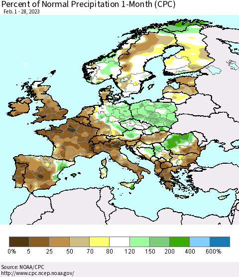 Europe Percent of Normal Precipitation 1-Month (CPC) Thematic Map For 2/1/2023 - 2/28/2023