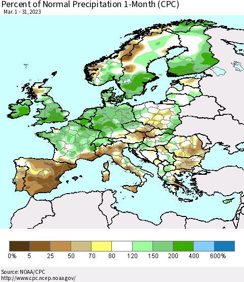 Europe Percent of Normal Precipitation 1-Month (CPC) Thematic Map For 3/1/2023 - 3/31/2023