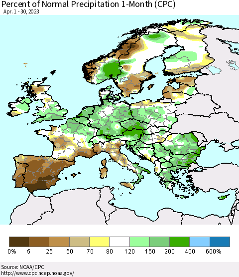 Europe Percent of Normal Precipitation 1-Month (CPC) Thematic Map For 4/1/2023 - 4/30/2023