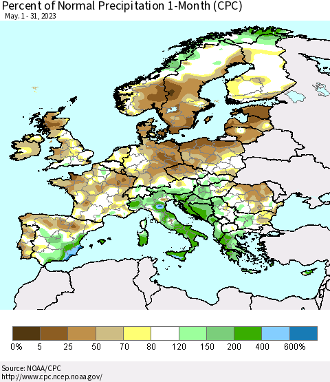 Europe Percent of Normal Precipitation 1-Month (CPC) Thematic Map For 5/1/2023 - 5/31/2023