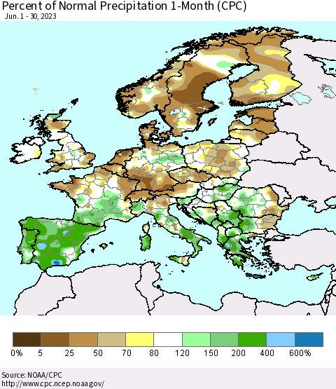 Europe Percent of Normal Precipitation 1-Month (CPC) Thematic Map For 6/1/2023 - 6/30/2023