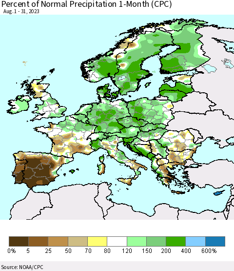 Europe Percent of Normal Precipitation 1-Month (CPC) Thematic Map For 8/1/2023 - 8/31/2023
