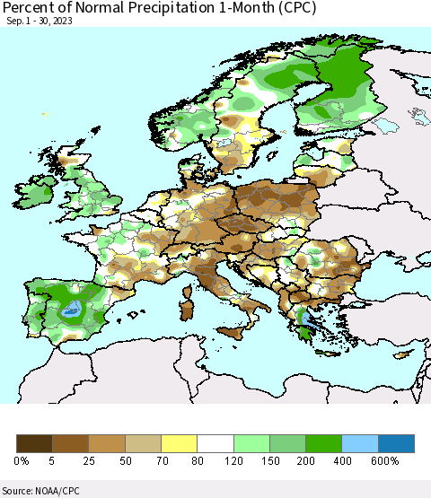 Europe Percent of Normal Precipitation 1-Month (CPC) Thematic Map For 9/1/2023 - 9/30/2023