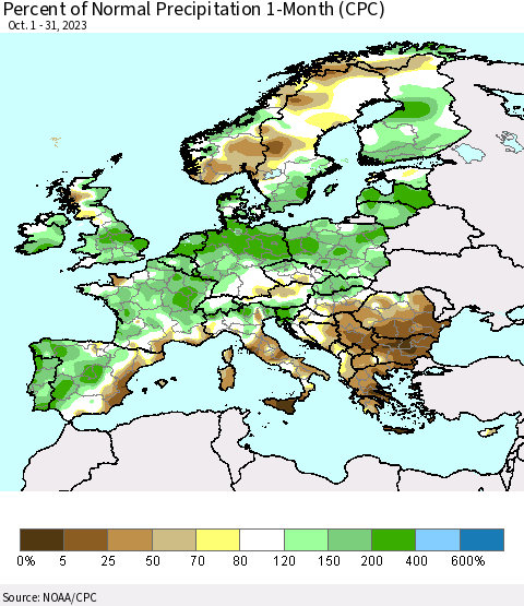 Europe Percent of Normal Precipitation 1-Month (CPC) Thematic Map For 10/1/2023 - 10/31/2023