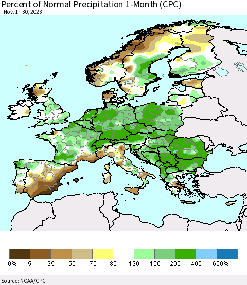 Europe Percent of Normal Precipitation 1-Month (CPC) Thematic Map For 11/1/2023 - 11/30/2023