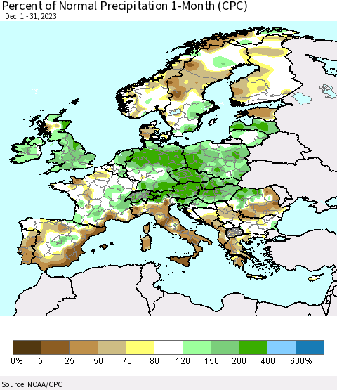 Europe Percent of Normal Precipitation 1-Month (CPC) Thematic Map For 12/1/2023 - 12/31/2023
