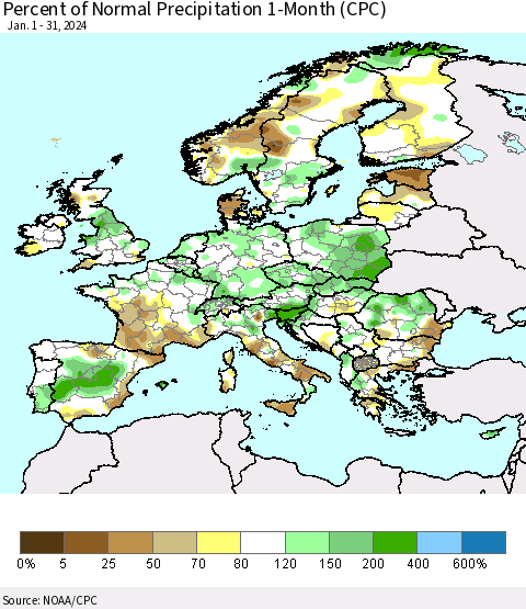 Europe Percent of Normal Precipitation 1-Month (CPC) Thematic Map For 1/1/2024 - 1/31/2024