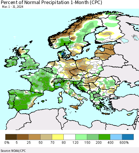 Europe Percent of Normal Precipitation 1-Month (CPC) Thematic Map For 3/1/2024 - 3/31/2024