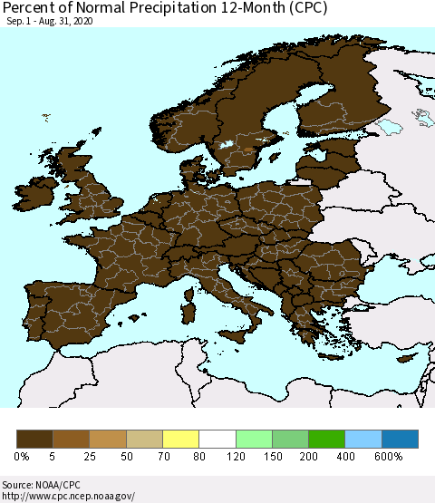 Europe Percent of Normal Precipitation 12-Month (CPC) Thematic Map For 9/1/2019 - 8/31/2020
