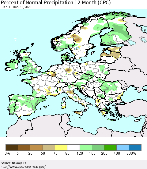 Europe Percent of Normal Precipitation 12-Month (CPC) Thematic Map For 1/1/2020 - 12/31/2020
