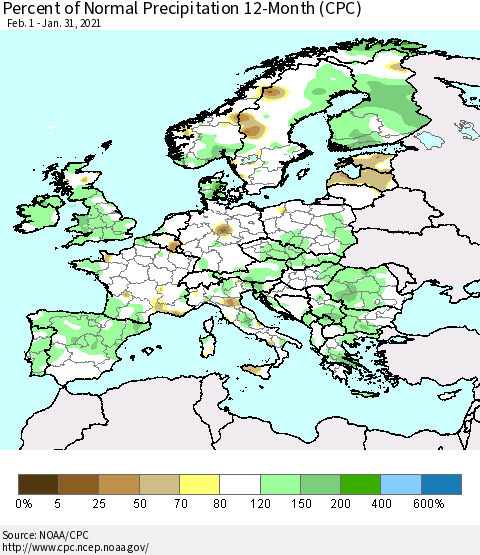 Europe Percent of Normal Precipitation 12-Month (CPC) Thematic Map For 2/1/2020 - 1/31/2021