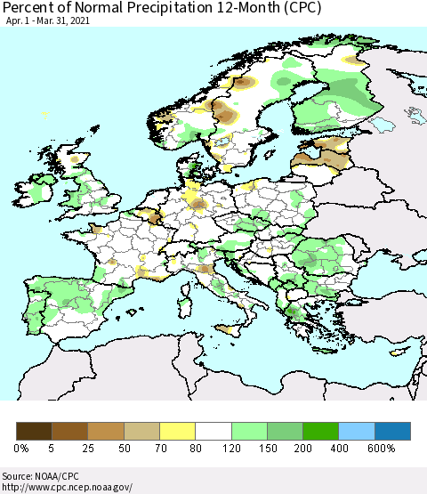 Europe Percent of Normal Precipitation 12-Month (CPC) Thematic Map For 4/1/2020 - 3/31/2021
