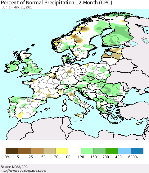 Europe Percent of Normal Precipitation 12-Month (CPC) Thematic Map For 6/1/2020 - 5/31/2021