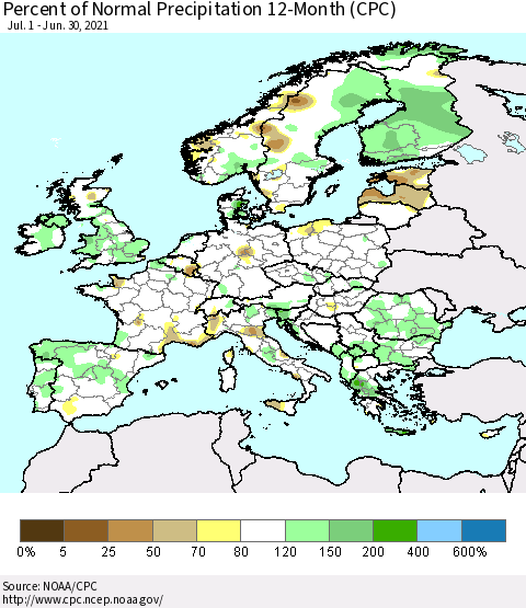 Europe Percent of Normal Precipitation 12-Month (CPC) Thematic Map For 7/1/2020 - 6/30/2021