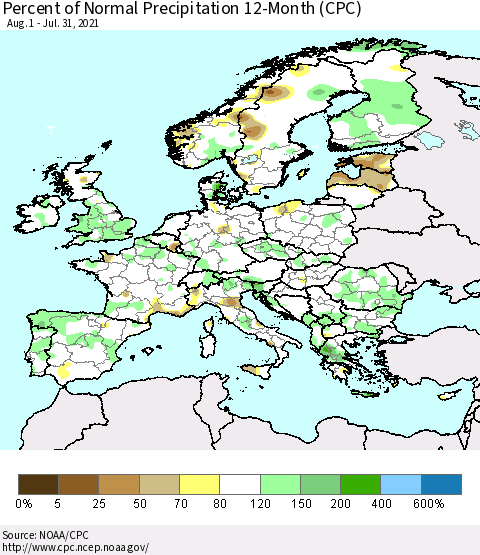 Europe Percent of Normal Precipitation 12-Month (CPC) Thematic Map For 8/1/2020 - 7/31/2021