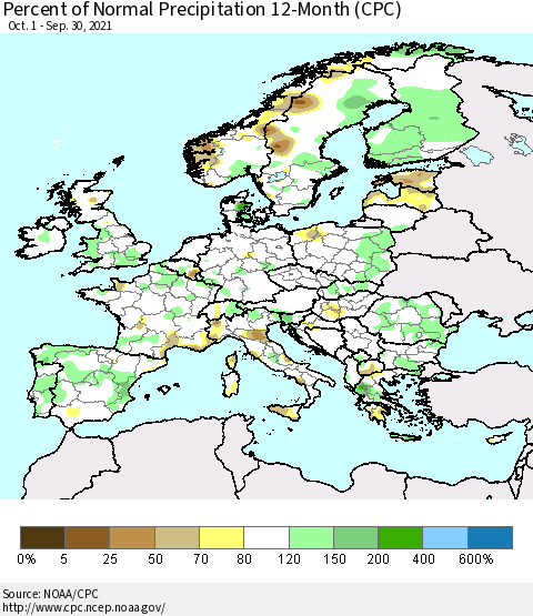 Europe Percent of Normal Precipitation 12-Month (CPC) Thematic Map For 10/1/2020 - 9/30/2021
