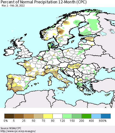 Europe Percent of Normal Precipitation 12-Month (CPC) Thematic Map For 3/1/2021 - 2/28/2022