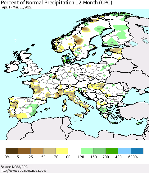 Europe Percent of Normal Precipitation 12-Month (CPC) Thematic Map For 4/1/2021 - 3/31/2022