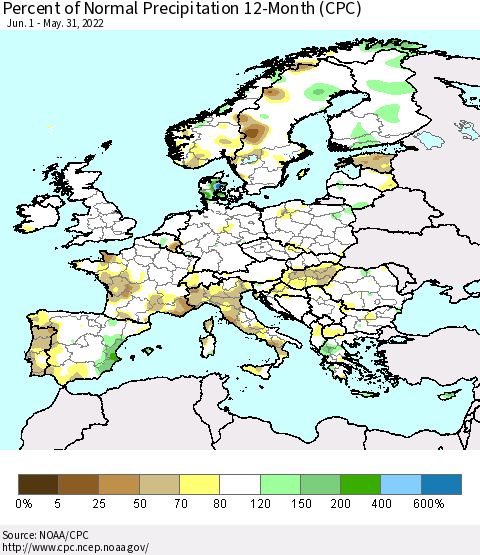Europe Percent of Normal Precipitation 12-Month (CPC) Thematic Map For 6/1/2021 - 5/31/2022