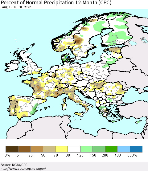 Europe Percent of Normal Precipitation 12-Month (CPC) Thematic Map For 8/1/2021 - 7/31/2022