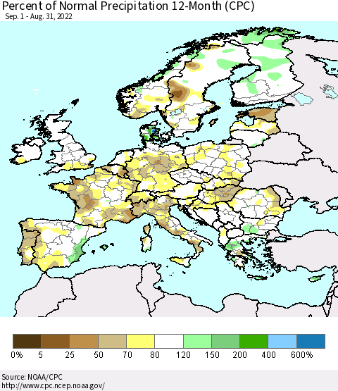 Europe Percent of Normal Precipitation 12-Month (CPC) Thematic Map For 9/1/2021 - 8/31/2022