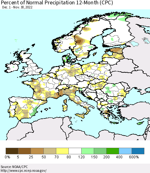 Europe Percent of Normal Precipitation 12-Month (CPC) Thematic Map For 12/1/2021 - 11/30/2022