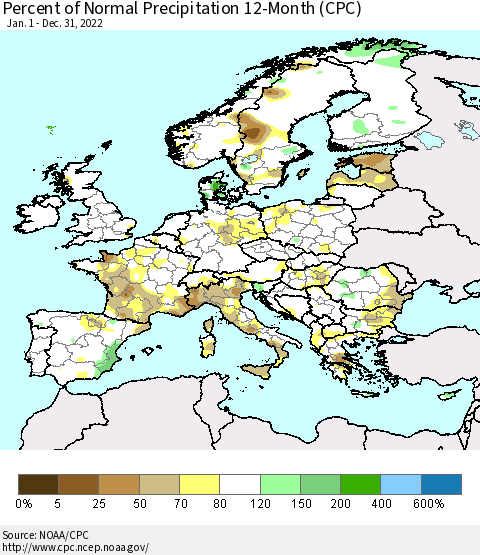 Europe Percent of Normal Precipitation 12-Month (CPC) Thematic Map For 1/1/2022 - 12/31/2022