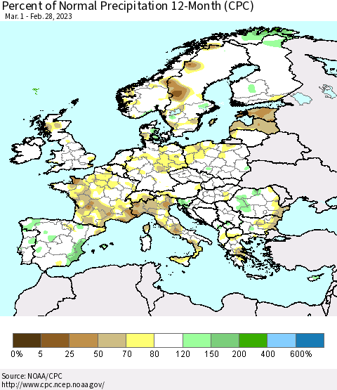 Europe Percent of Normal Precipitation 12-Month (CPC) Thematic Map For 3/1/2022 - 2/28/2023
