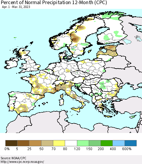 Europe Percent of Normal Precipitation 12-Month (CPC) Thematic Map For 4/1/2022 - 3/31/2023