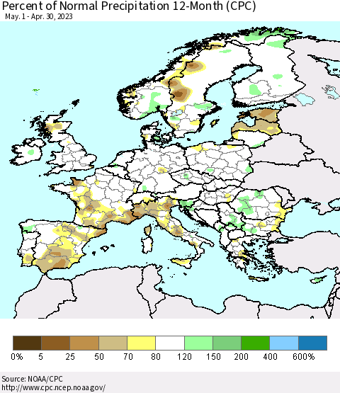 Europe Percent of Normal Precipitation 12-Month (CPC) Thematic Map For 5/1/2022 - 4/30/2023