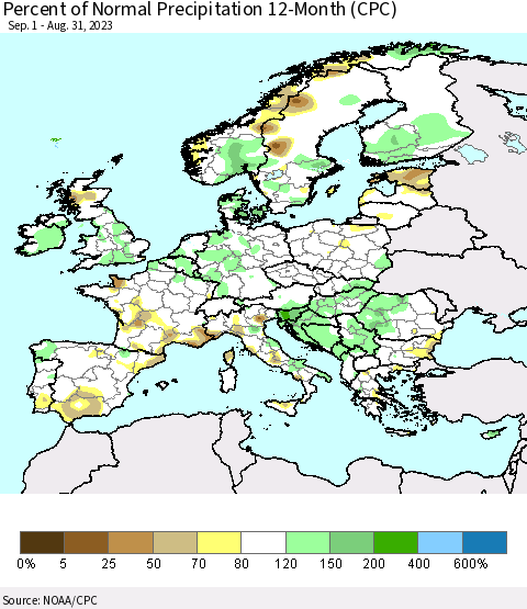 Europe Percent of Normal Precipitation 12-Month (CPC) Thematic Map For 9/1/2022 - 8/31/2023