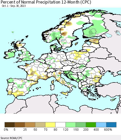 Europe Percent of Normal Precipitation 12-Month (CPC) Thematic Map For 10/1/2022 - 9/30/2023