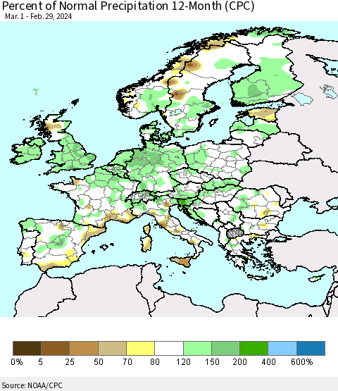 Europe Percent of Normal Precipitation 12-Month (CPC) Thematic Map For 3/1/2023 - 2/29/2024