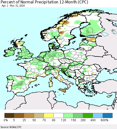 Europe Percent of Normal Precipitation 12-Month (CPC) Thematic Map For 4/1/2023 - 3/31/2024