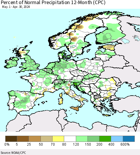 Europe Percent of Normal Precipitation 12-Month (CPC) Thematic Map For 5/1/2023 - 4/30/2024