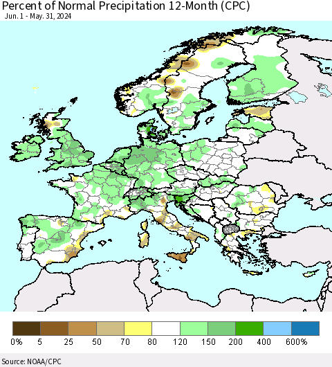 Europe Percent of Normal Precipitation 12-Month (CPC) Thematic Map For 6/1/2023 - 5/31/2024