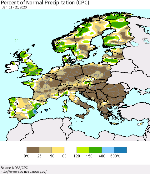 Europe Percent of Normal Precipitation (CPC) Thematic Map For 1/11/2020 - 1/20/2020