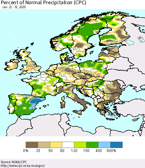 Europe Percent of Normal Precipitation (CPC) Thematic Map For 1/21/2020 - 1/31/2020