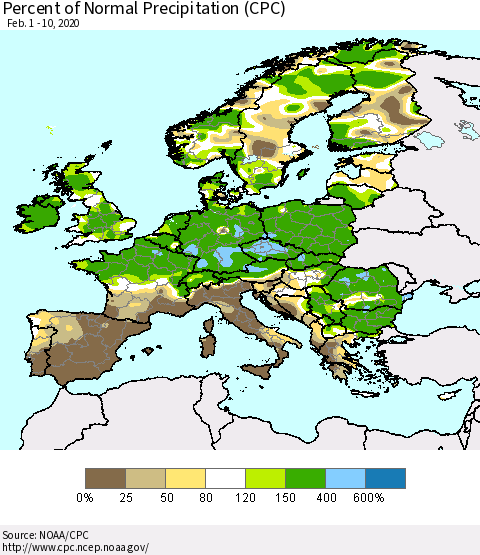 Europe Percent of Normal Precipitation (CPC) Thematic Map For 2/1/2020 - 2/10/2020