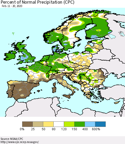 Europe Percent of Normal Precipitation (CPC) Thematic Map For 2/11/2020 - 2/20/2020