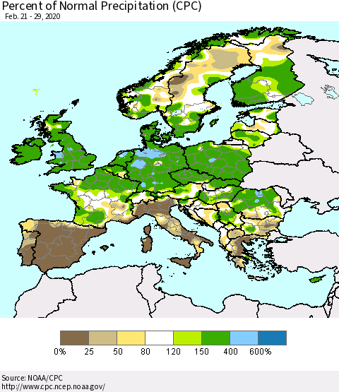 Europe Percent of Normal Precipitation (CPC) Thematic Map For 2/21/2020 - 2/29/2020