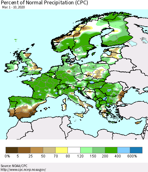 Europe Percent of Normal Precipitation (CPC) Thematic Map For 3/1/2020 - 3/10/2020