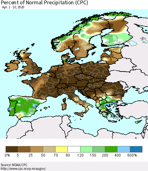 Europe Percent of Normal Precipitation (CPC) Thematic Map For 4/1/2020 - 4/10/2020