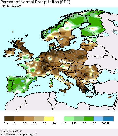 Europe Percent of Normal Precipitation (CPC) Thematic Map For 4/11/2020 - 4/20/2020
